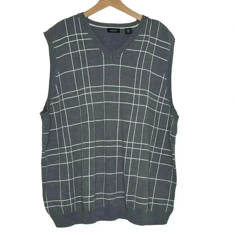 Van Heusen Sweater Vest XXL Gray Windowpane Plaid‎ V-Neck 100% Cotton Knit Golf